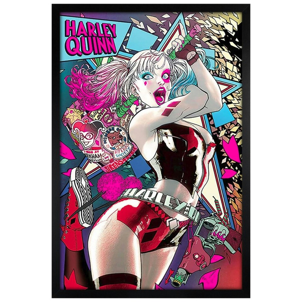 image 1 of Black Wooden Framed Batman Harley Quinn Neon Maxi Poster