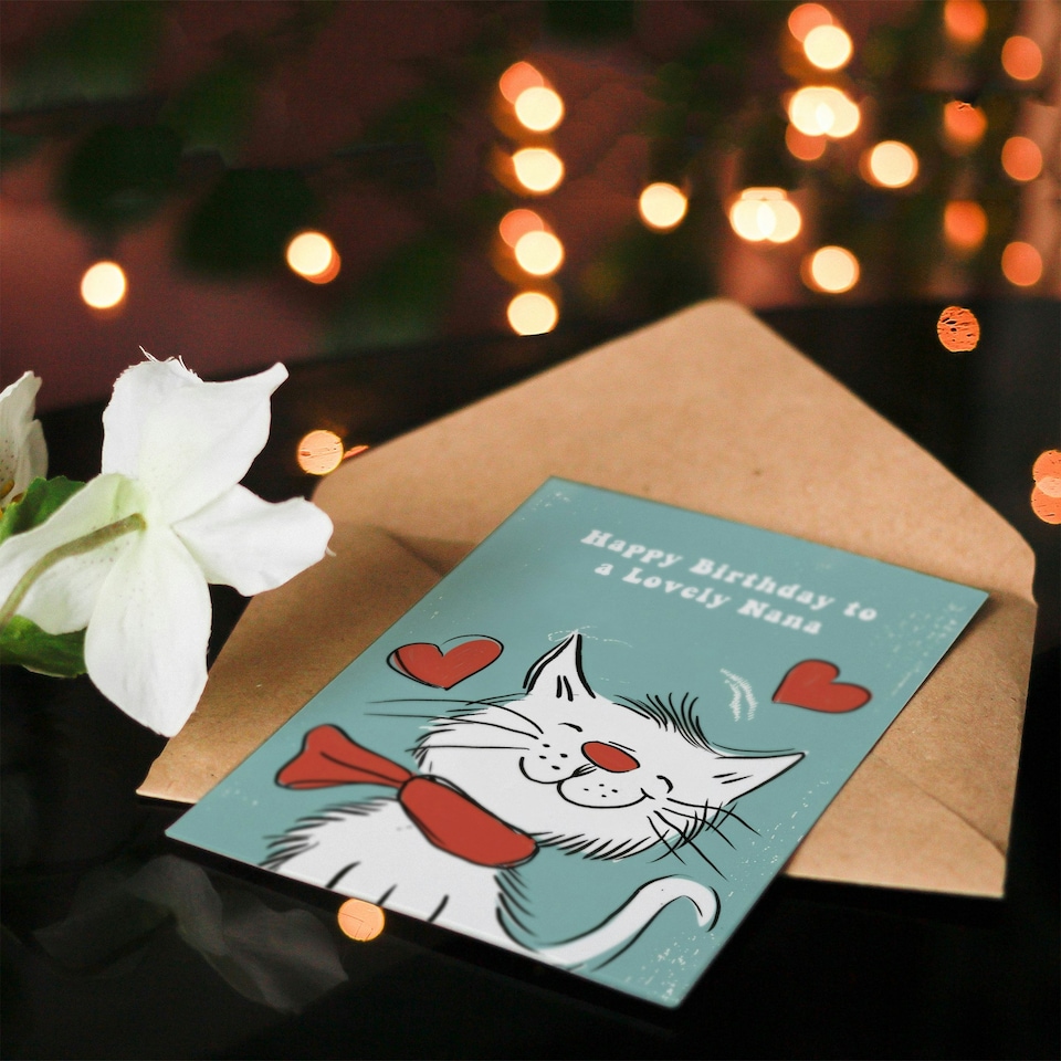 image 1 of Nana Happy Happy White Cat Scarf Drawing Love Hearts Her Birthday Card