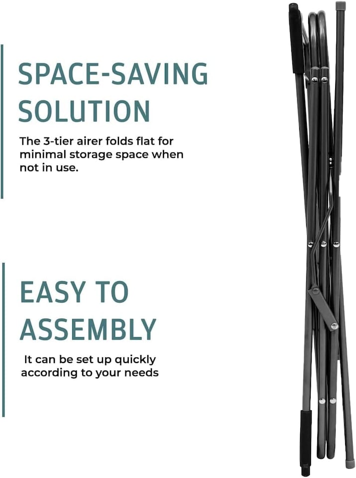 image 1 of Straame 3-Tier Clothes Airer Drying Rack for Indoor & Outdoor Use, Foldable, 63 x 46 x 138 cm (Black)