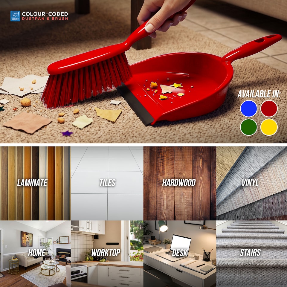 image 1 of Colour Coded Dustpan and Brush Sets Wide Plastic Dustpan with Rubber Lip and Soft Bristle Brush