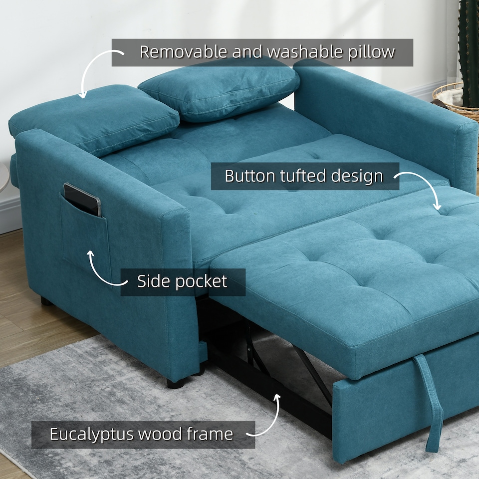 image 1 of HOMCOM 2 Seater Sofa Bed, 120 cm Convertible Bed Settee, Modern Fabric Loveseat Sofa Couch with 2 Cushions, Side Pockets for Living Room, Guest Room, Blue