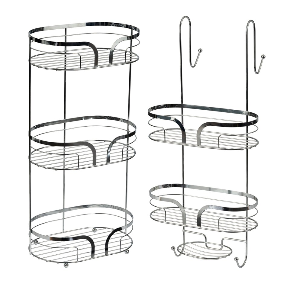 image 1 of Showerdrape Dante Chrome Floor Caddy and 2 Tier Over Door Hook Shower Caddy | Silver | Chrome | 1