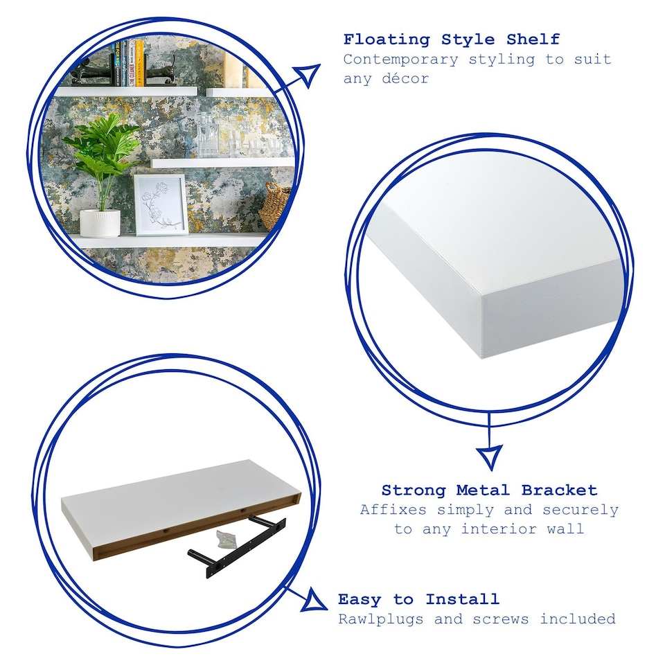 image 1 of Harbour Housewares Modern Floating Wall Shelf - 60cm - White