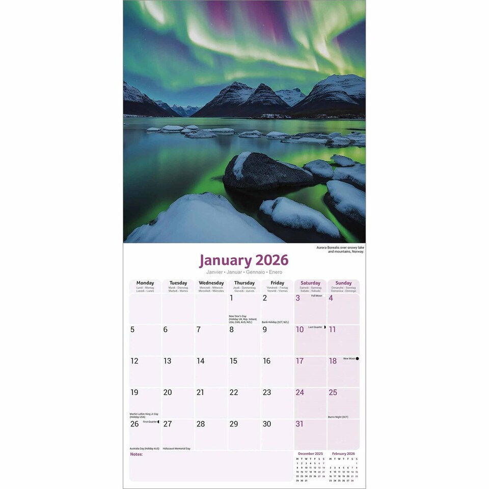 image 1 of Northern Lights 2026 Calendar | Square Wall Calendar | Travel Gift | Plastic Free Packaging | by Avonside Publishing