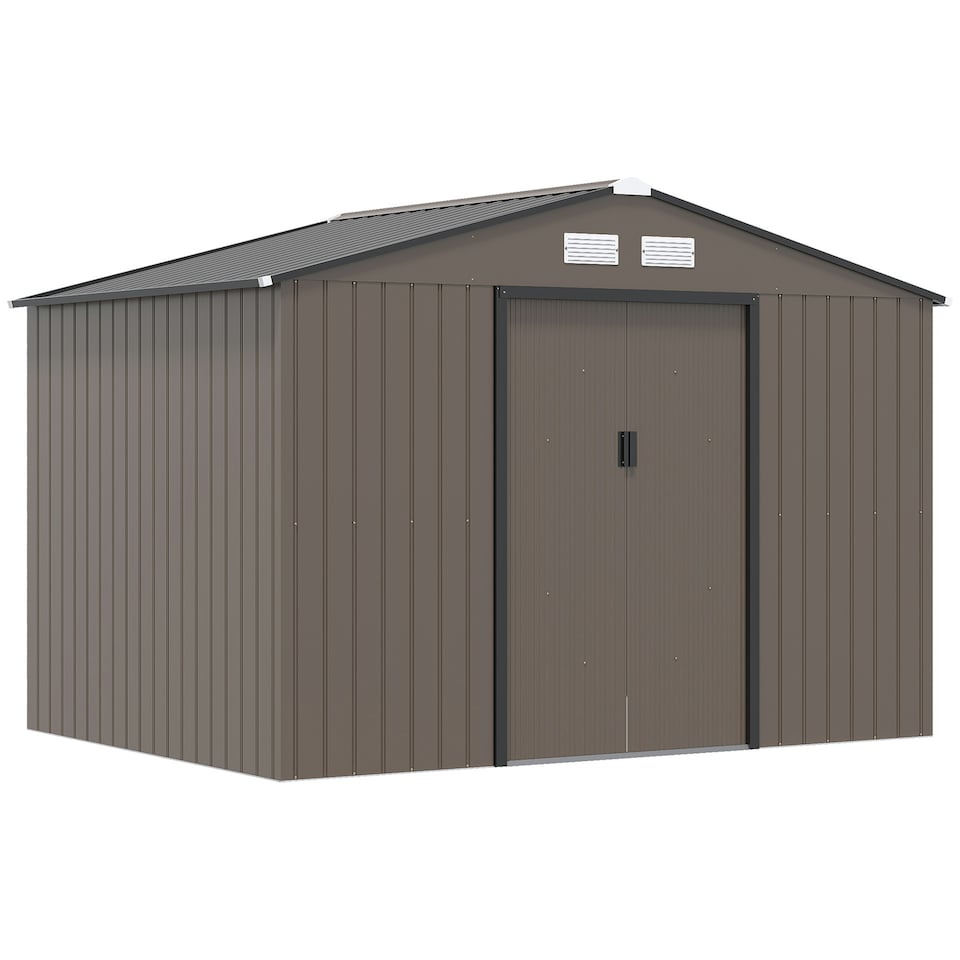 image 1 of Outsunny 9 x 6FT Galvanised Garden Storage Shed with Sliding Door, Brown