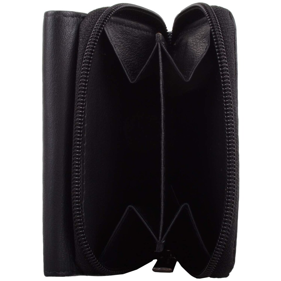 image 1 of London Leathergoods Womens Small Leather Zip Round Tri-Fold Money / Coin / Credit Card Holder / Purse - Black | Black | Black