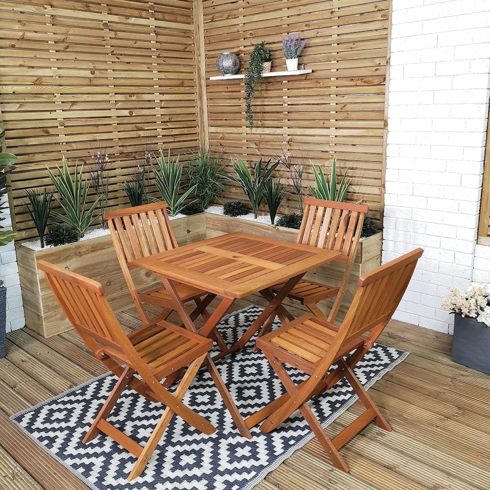 image 1 of Outdoor 4 Person Folding Square Wooden Garden Patio Dining Table and Chairs Set