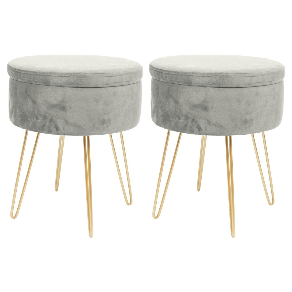 image 1 of Harbour Housewares Set Of 2 Grey Velvet Storage Footstools Round Gold Base Ottomans H45 x D36cm Functional Glam Design Grey