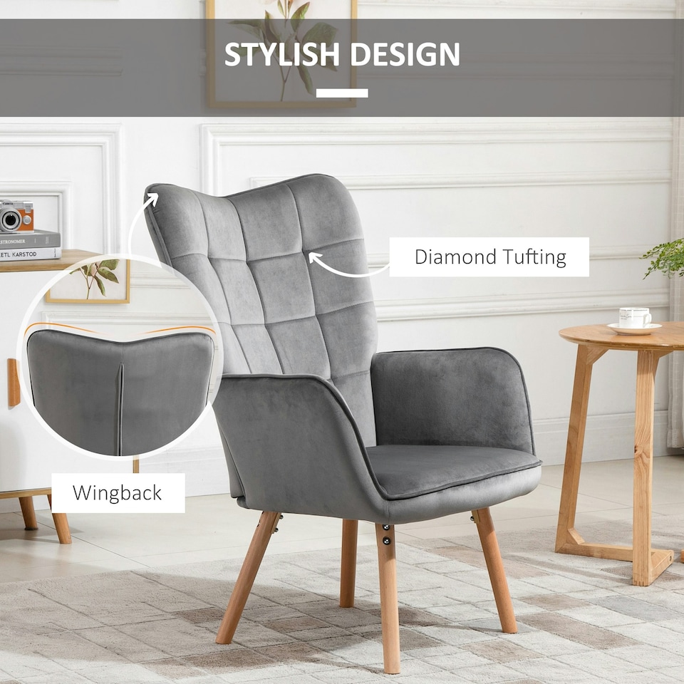 image 1 of HOMCOM Upholstered Tufted Wingback Armchair with Seat Padding, Grey
