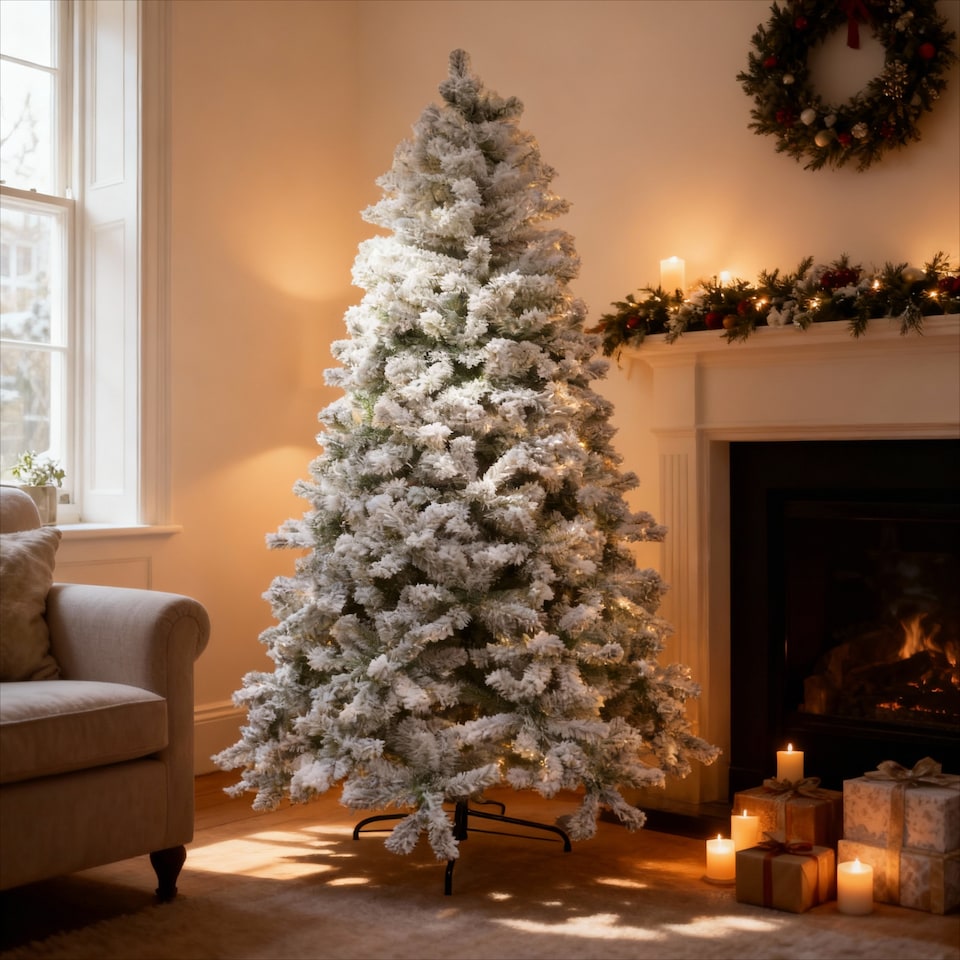 image 1 of 7FT Yukon Pine Artificial Green Christmas Tree Snow Flocked Tips Branches Snowy Bushy Home Decorations