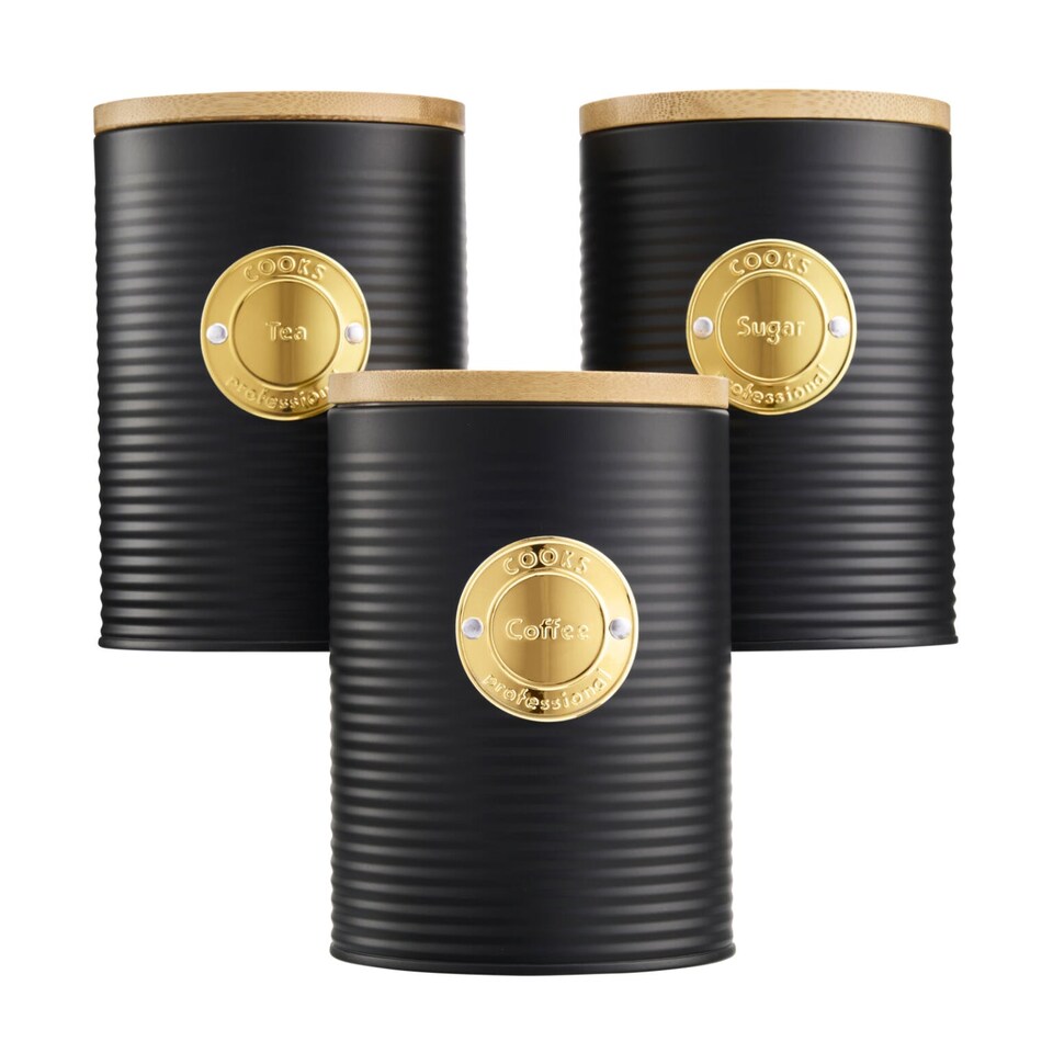 image 1 of Cooks Professional 3 Piece Ribbed Tea, Coffee, & Sugar Cannisters with Bamboo Lids | Black | Black & Gold