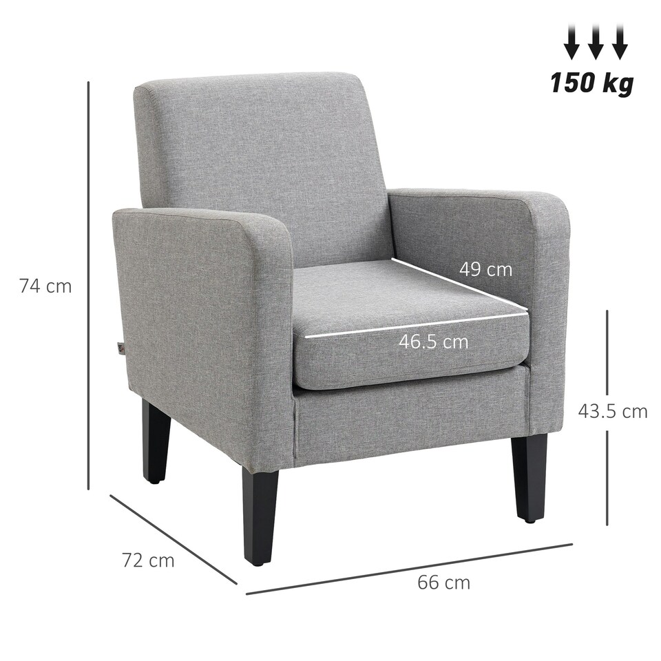image 1 of HOMCOM Modern Armchair Accent Chair with Rubber Wood Legs for Bedroom Light Grey