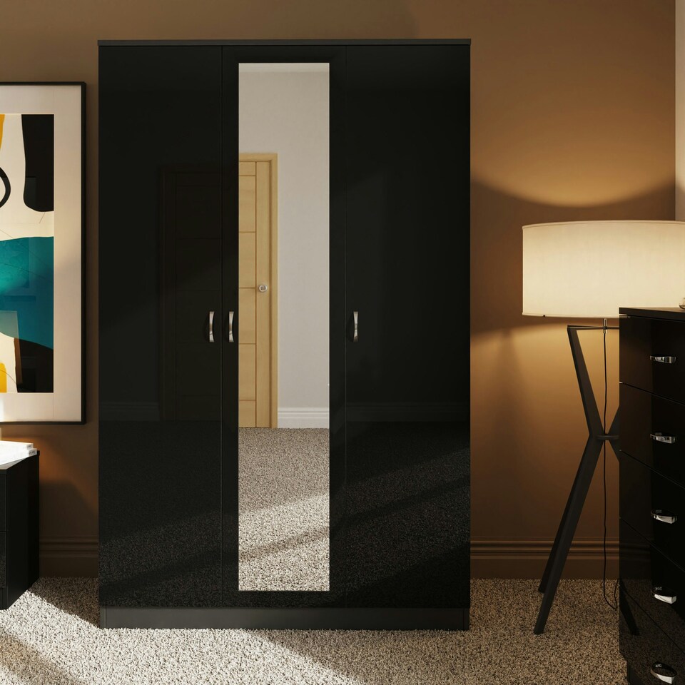 image 1 of FWStyle Chilton 3 Door Wardrobe With Mirror - Black Gloss Front Black