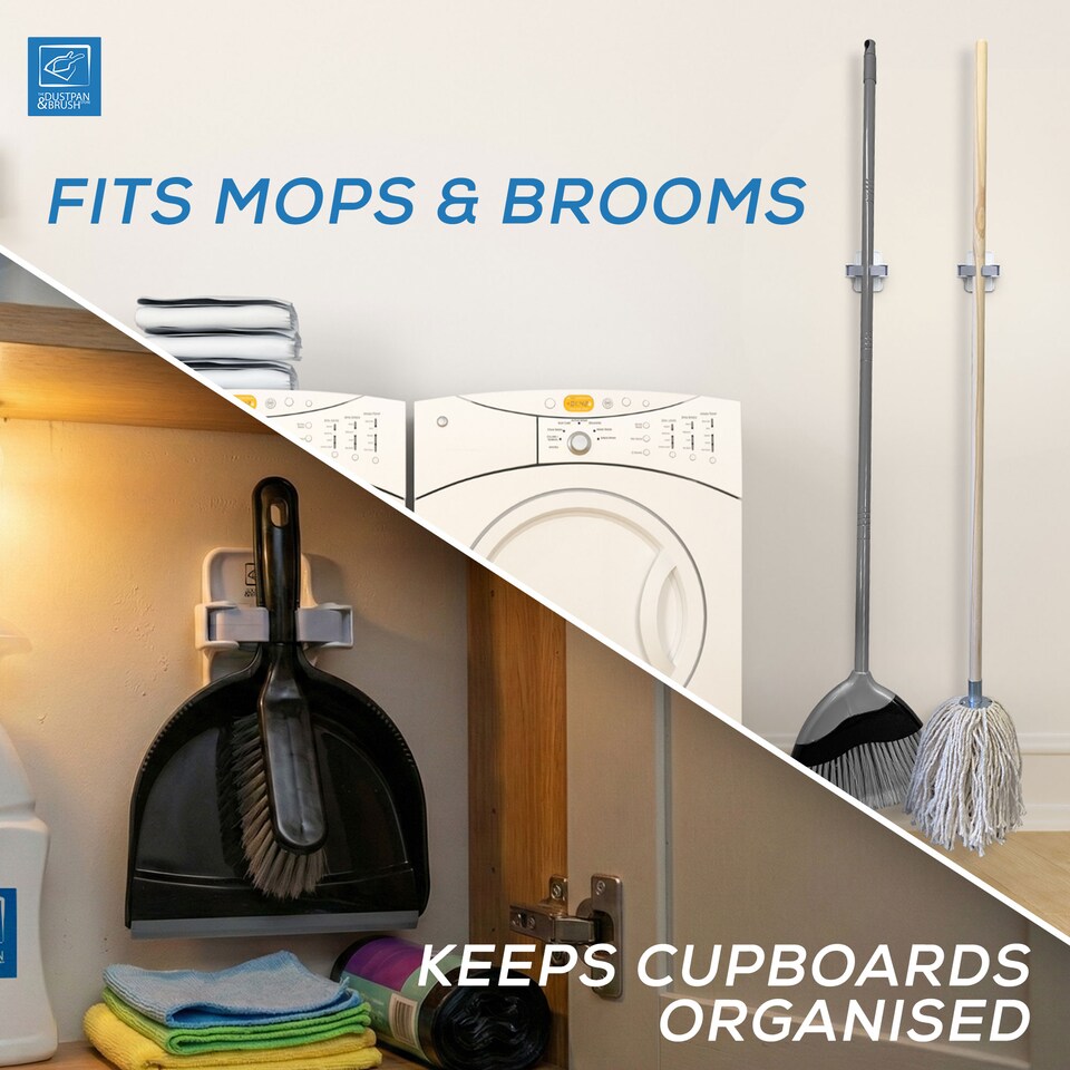 image 1 of Mop & Broom Holder Wall Mounted Grippers Cleaning Tool Storage - Pack of 5 (10 Holders)