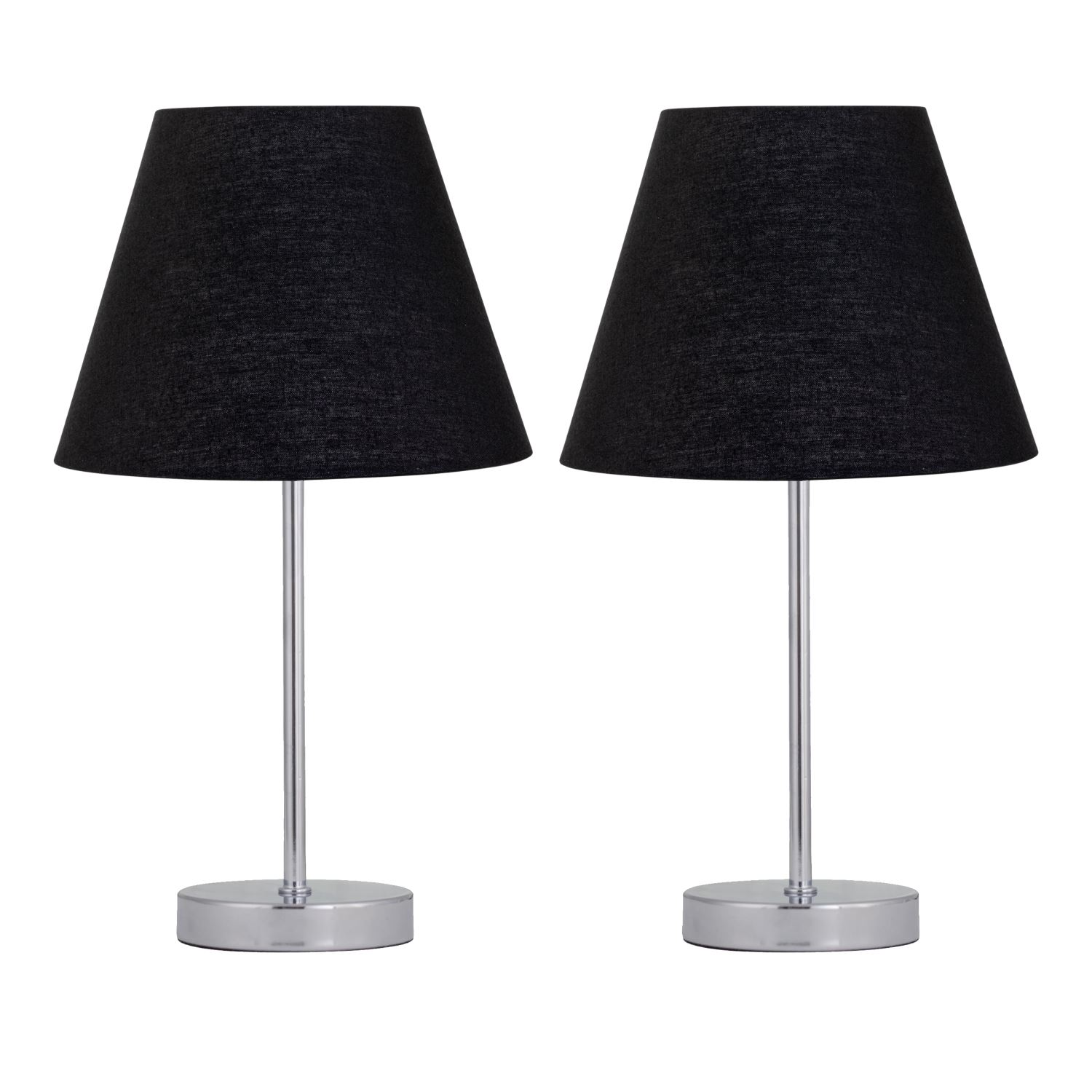 First Choice Lighting Set of 2 Chrome Touch Operated Table Lamps with Black Shades in Silver