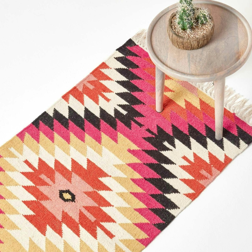 image 1 of Homescapes Jakarta Handwoven Geometric KIlim Wool Hall Runner - 66 x 200 cm | Pink | Pink, orange, black, white and yellow