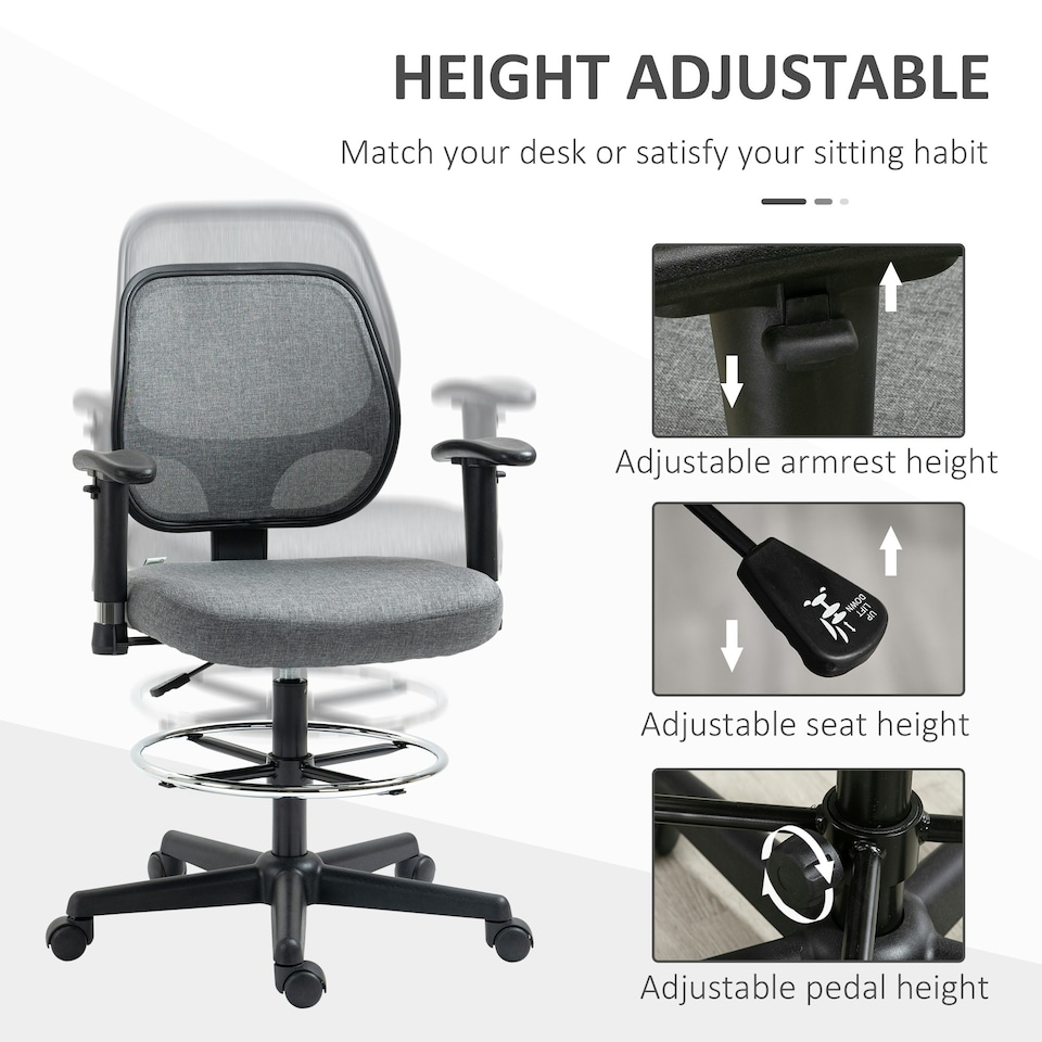 image 1 of Vinsetto Drafting Chair Tall Office Stand Desk Chair with Foot Ring, Arm, Wheel