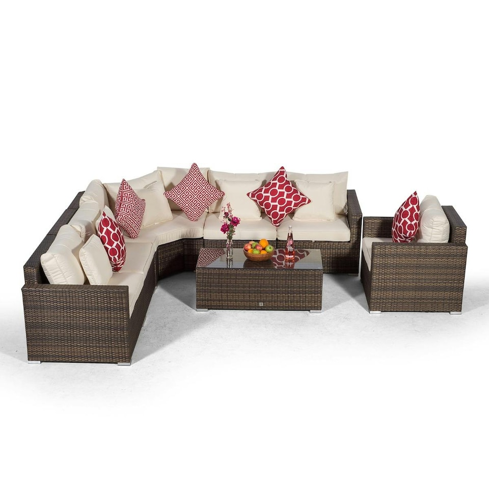 image 1 of Santorini L Shape Modular 6 Seat Rattan Corner Sofa Set With Armchair & Coffee Table | Brown | Brown
