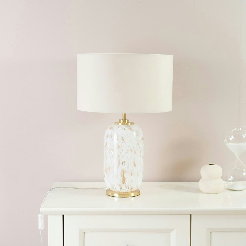 image 1 of ValueLights India Natural Drum Shade on Rounded White Confetti Glass Table Lamp with LED Bulb