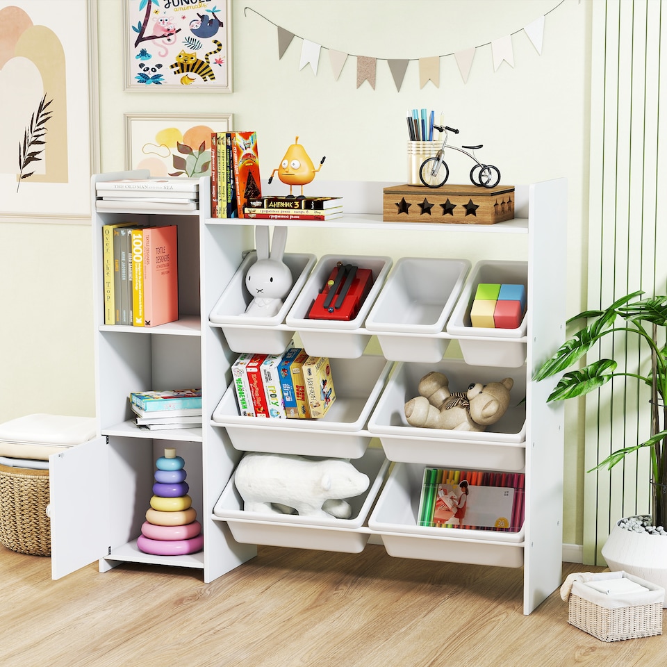 image 1 of AIYAPLAY Toy Storage Unit, with 8 Removable Bins, Storage Shelves, Cabinet, Toy Organiser, for Playroom, Kids Room, Nursery, White | White