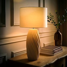 ValueLights Lydia Natural Linen Drum Lamp Shade Tall Swirl Matte Natural Table Lamp Cream