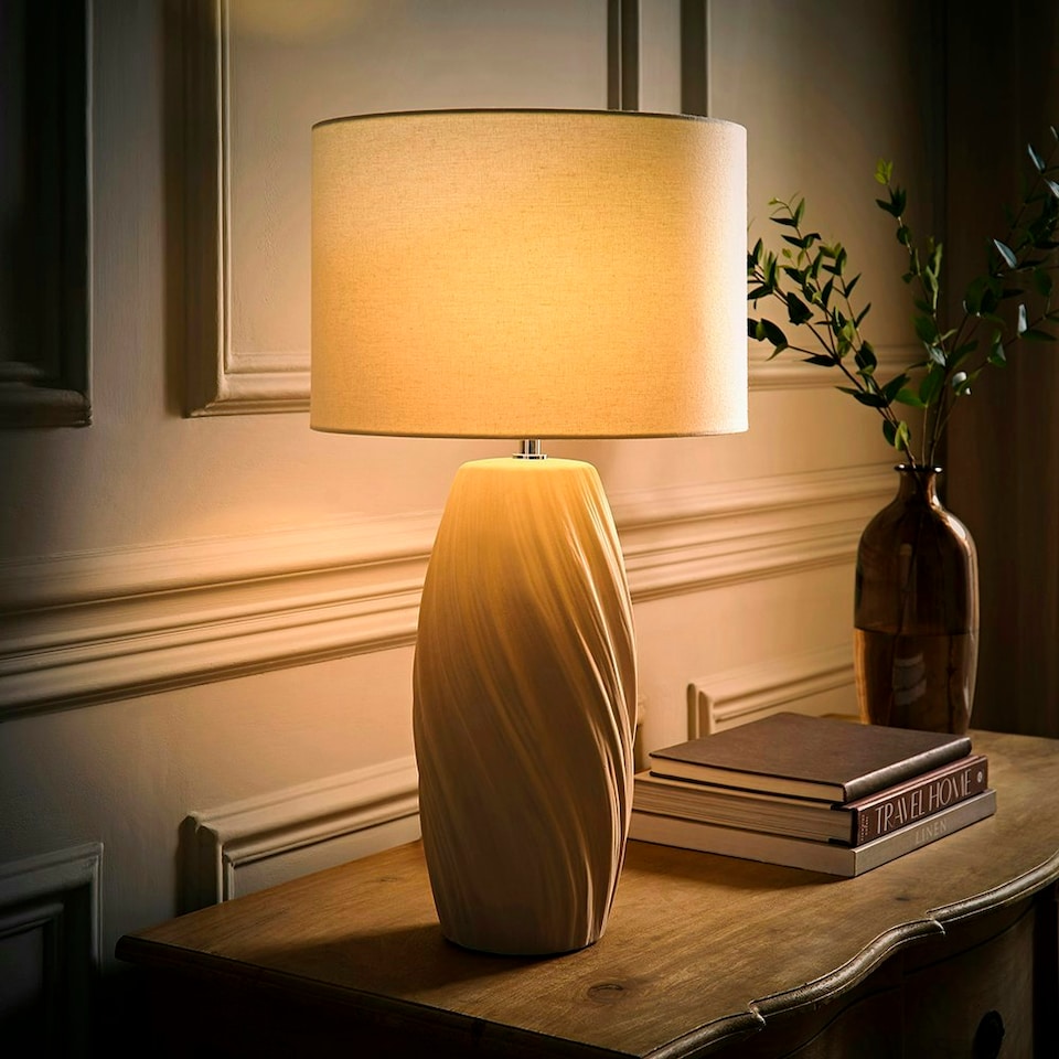 image 1 of ValueLights Lydia Natural Linen Drum Lamp Shade Tall Swirl Matte Natural Table Lamp Cream