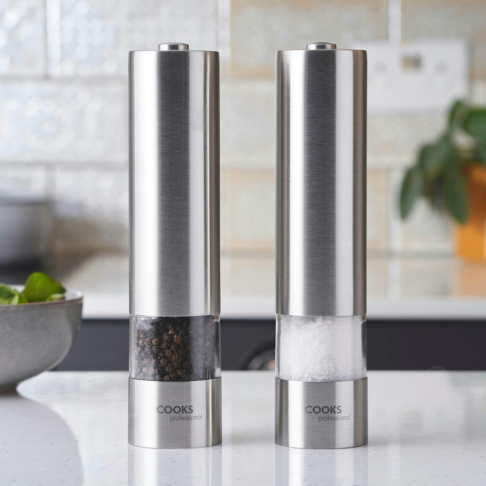 image 1 of Cooks Professional Electric Salt & Pepper Mill Set | Adjustable Grind Settings | Simple One-Button Operation | Stainless Steel