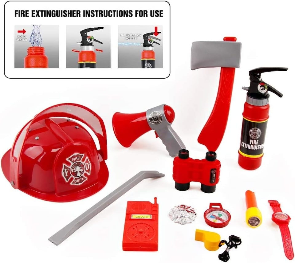 image 1 of Washable Fireman Costume Set with Storage Backpack Real Water Shooting Extinguisher and Accessories