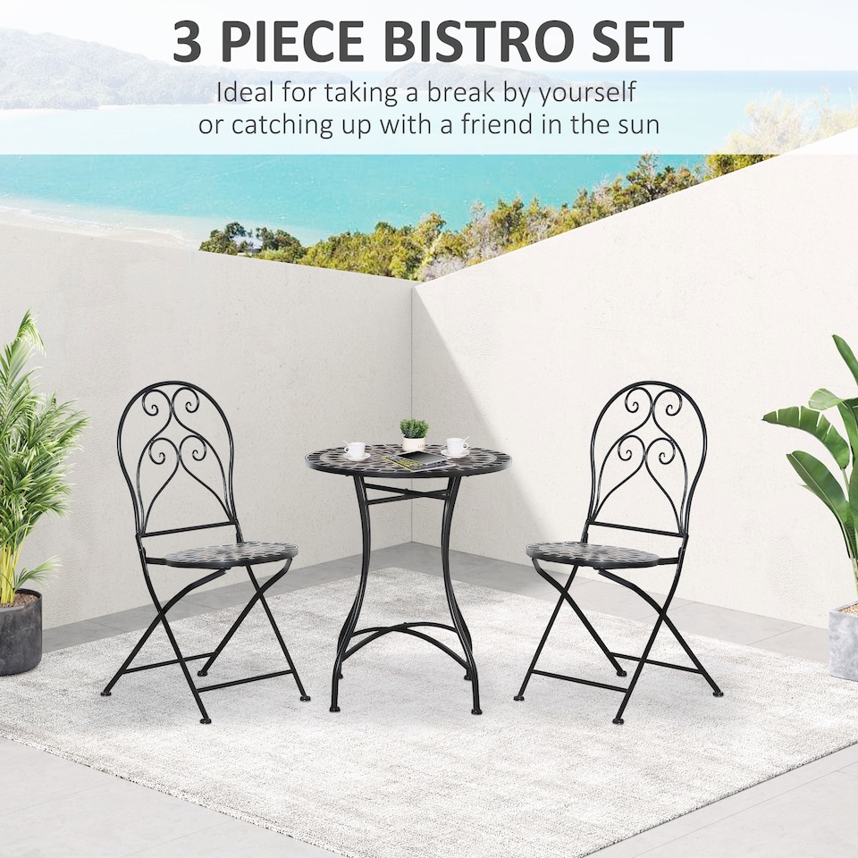 image 1 of Outsunny 3 Pieces Garden Bistro Set with Coffee Table and 2 Folding Single Chairs, Mosaic Garden Table Top and Seats, Metal Frame, for Patio Balcony, Black