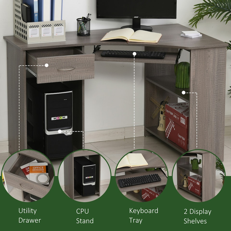 image 1 of HOMCOM L-Shaped Corner Computer Desk with 2 Shelves Worktop Grey