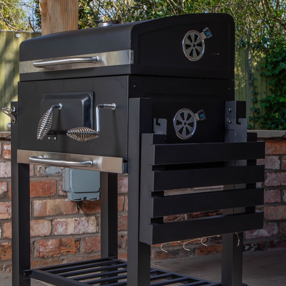 image 1 of Samuel Alexander 115x46x106cm Black Steel Portable Rectangular BBQ Trolley with Thermometer Gauge and Cover