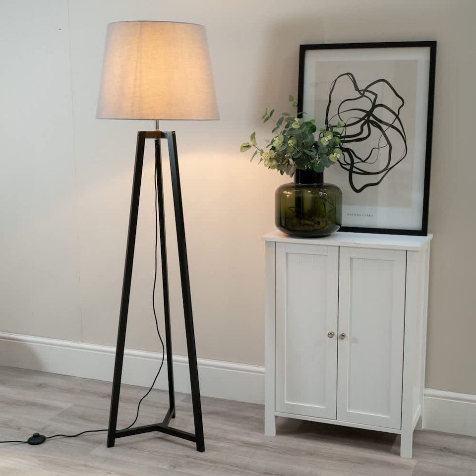 image 1 of ValueLights Lottie Black Wood Tripod Floor Lamp Grey Taper Shade and Bulb