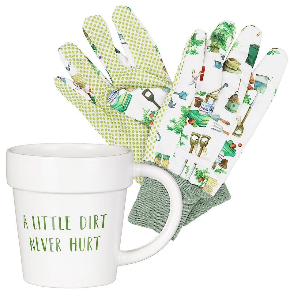 image 1 of Plant Pot Mug and Gloves Gift Set for Her - A Little Dirt Never Hurt