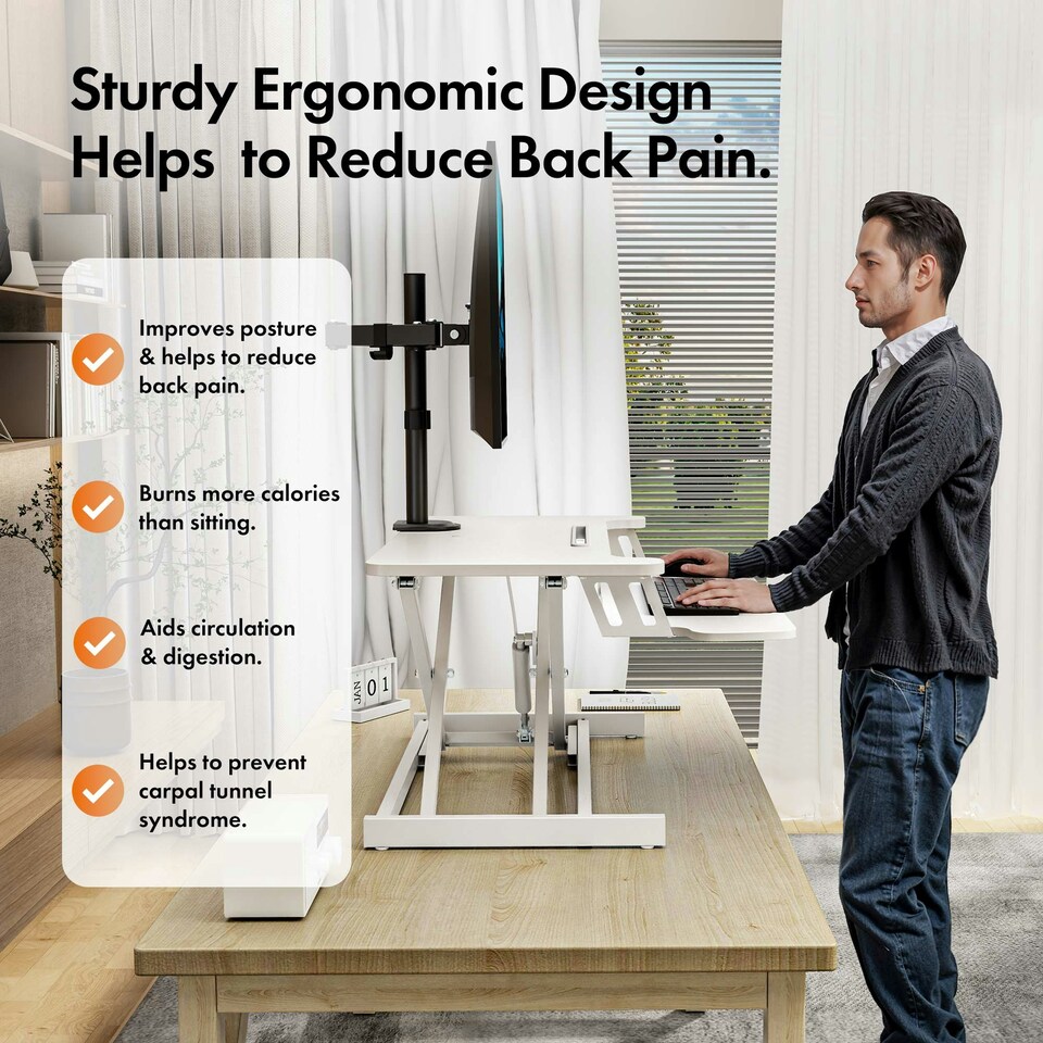 image 1 of VonHaus Height Adjustable White Standing Desk Converter, 80cm Length White