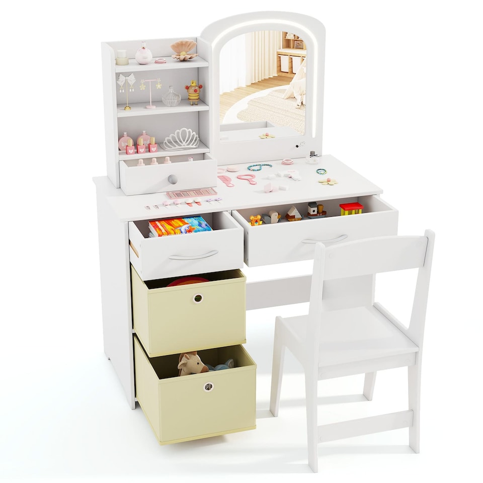 image 1 of COSTWAY Kids Vanity Set Princess Makeup Desk and Chair White