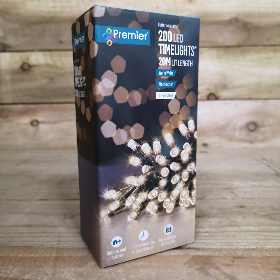 image 1 of 200 LED 20m Premier Christmas Indoor Outdoor Multi Function Battery Operated String Lights with Timer in Warm White