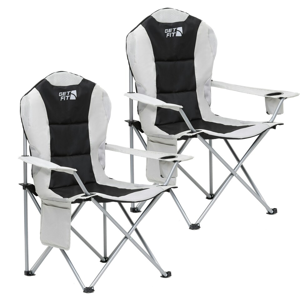 image 1 of Get Fit Premium Folding Camping Chair - Thick Padded With Magazine Pocket, Cup Holder & Carry Bag - Lightweight 3Kg - Capacity 130Kg - 2 Pack | Grey | Black / Grey | 2