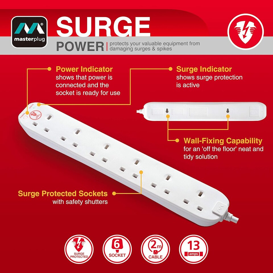 image 1 of Masterplug Six Socket Surge Protected Extension Lead 2 Metres Power Strip White