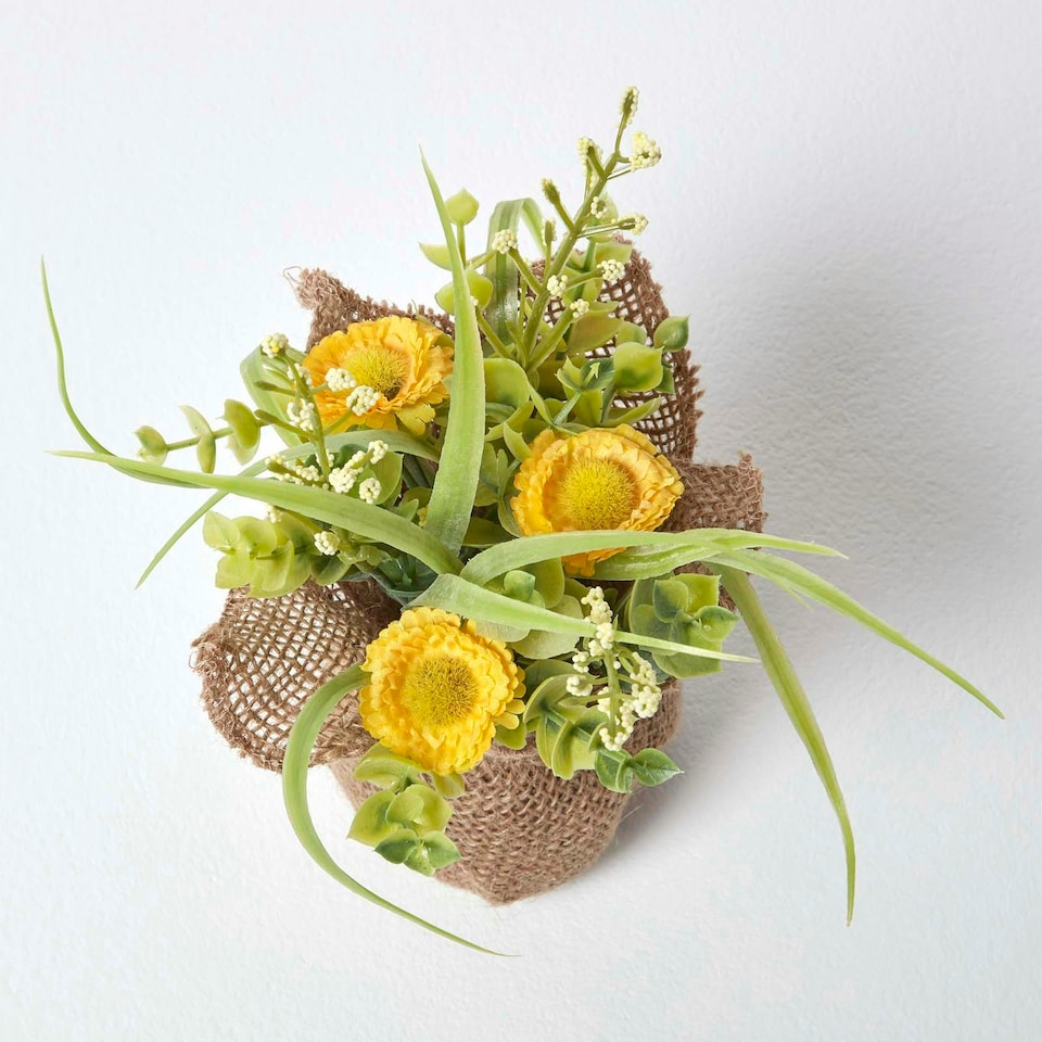 image 1 of Homescapes Set of 3 Pink, Purple & Yellow Artificial Daisies in Rustic Burlap Pots