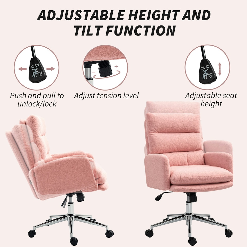 image 1 of HOMCOM Upholstered Desk Chair with Height Adjustable, Pink
