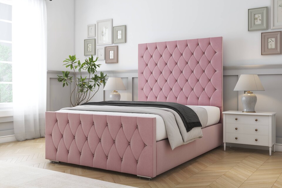 image 1 of Sloomy Watson Pink Plush Bed Frame With 50" Upholstered Headboard 6' Super King