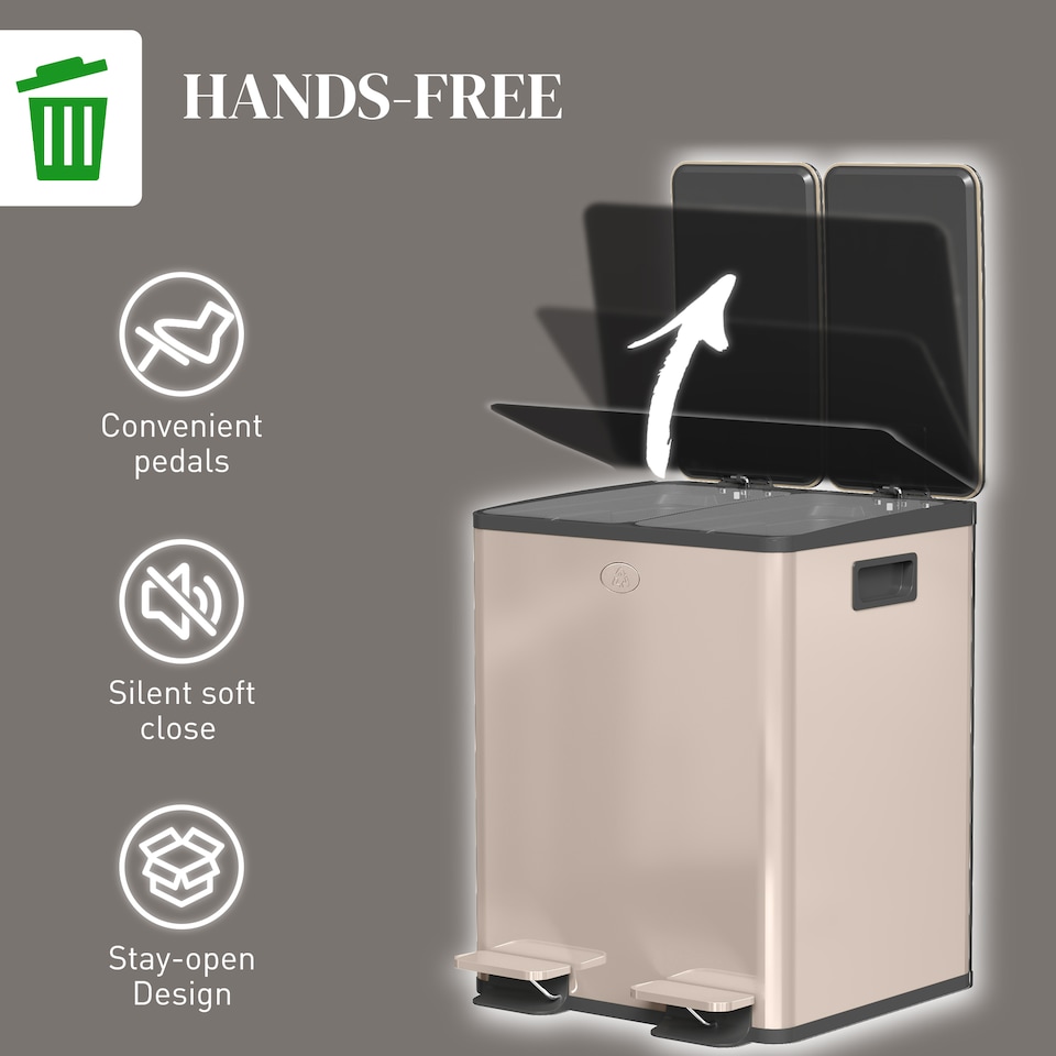 image 1 of HOMCOM Dual Kitchen Bin, 2 x 20L Stainless Steel Double Rubbish Bin with Soft Close Lid, Removable Inner Buckets, Fingerprint-Proof for Recycling and Waste, Gold Tone | Gold | 1