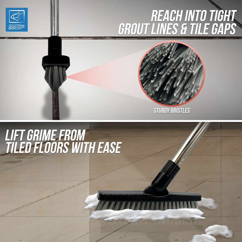 image 1 of Colour-Coded Angled Grout Brush with Handle 180° Swivel Tile & Corner Scrubber