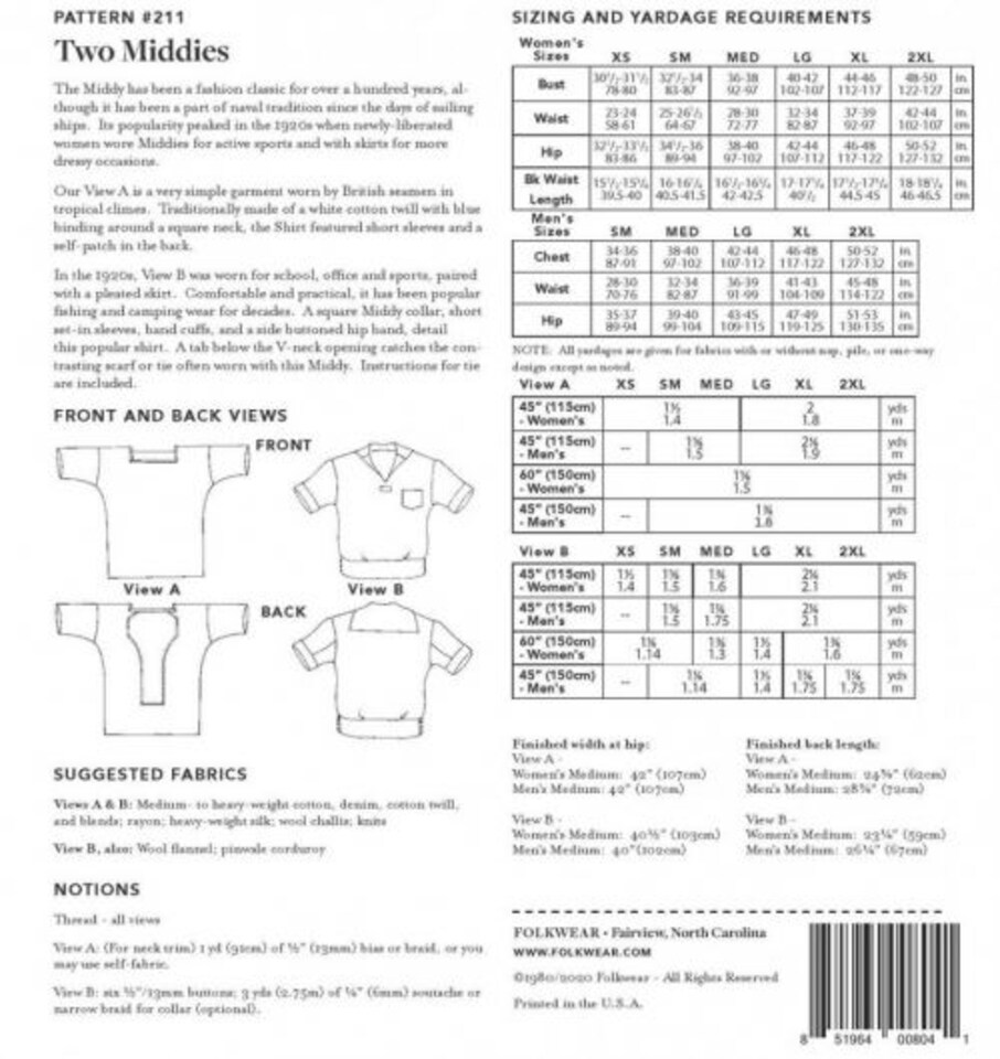 image 1 of Folkwear Patterns Two Middies Top Paper Sewing Pattern – Women’s & Men’s Top, UK Sizes Women's XS–2XL; Men's S–2XL, Intermediate