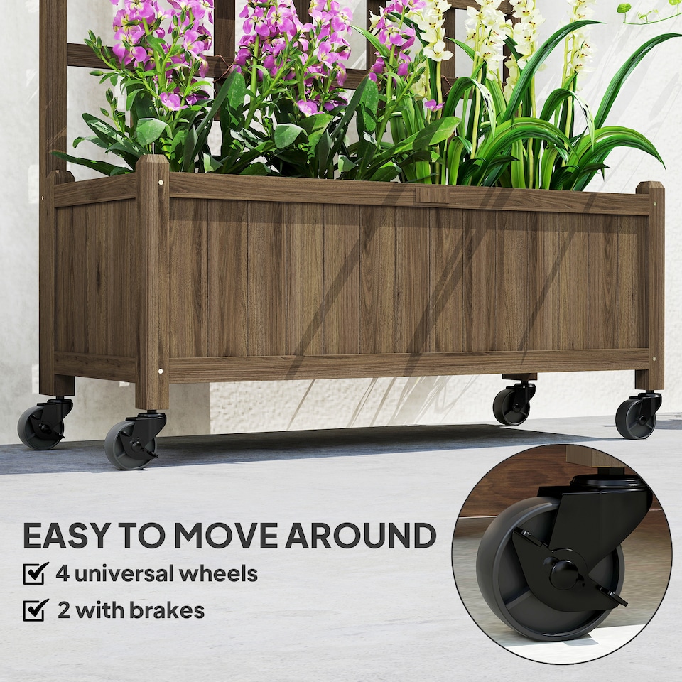 image 1 of Outsunny Wooden Trellis Planter, Raised Garden Bed with Wheels, Brown | Brown | Brown