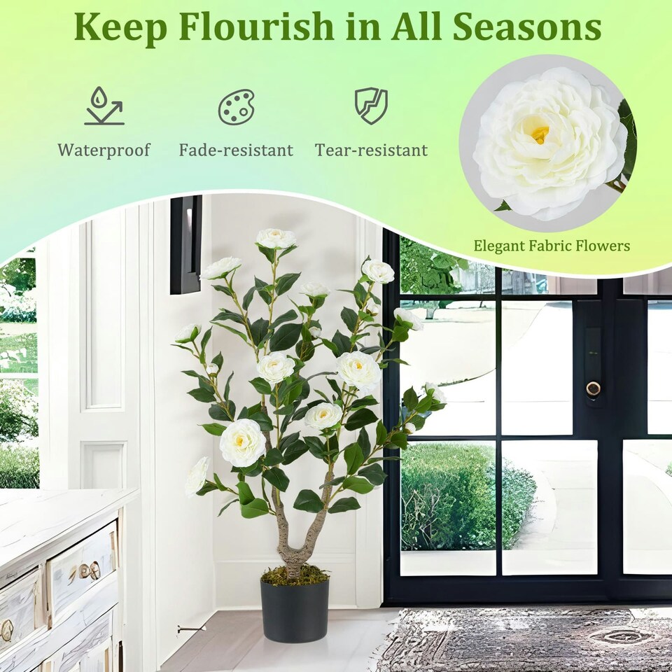 image 1 of COSTWAY 90CM Artificial Camellia Tree Faux Flower Plant White | One Size