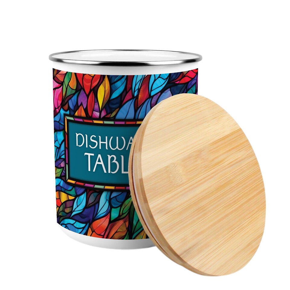 image 1 of Stained Glass Print Dishwasher Tablets Storage Tin