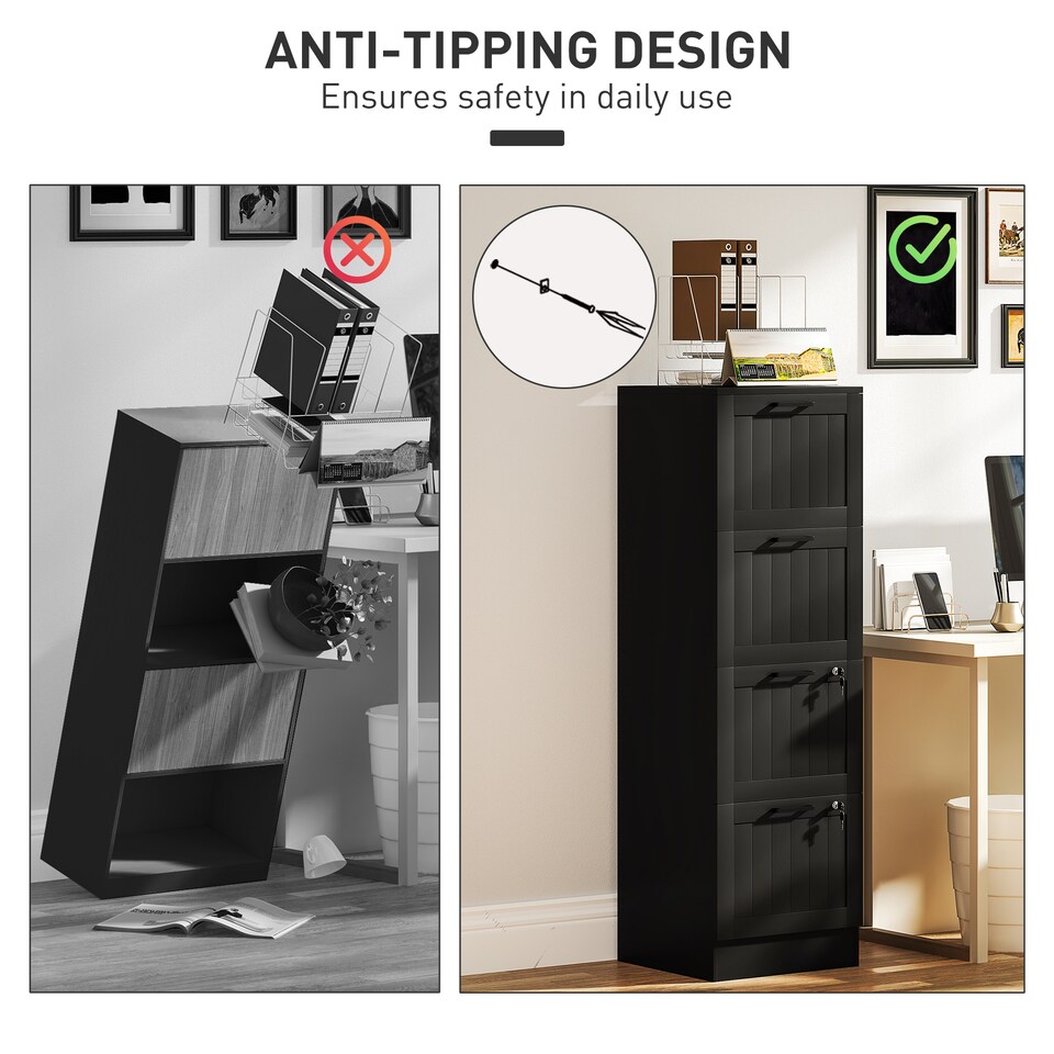 image 1 of HOMCOM 4 Drawer File Cabinet with Lock and Adjustable Hanging Bars, Black