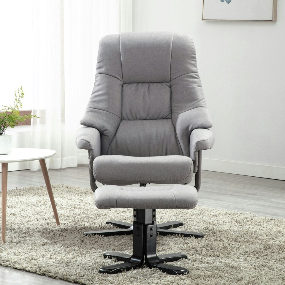 image 1 of Sorento Swivel Recliner Linen Fabric Chair w Footstool Armchair Grey (Grey)