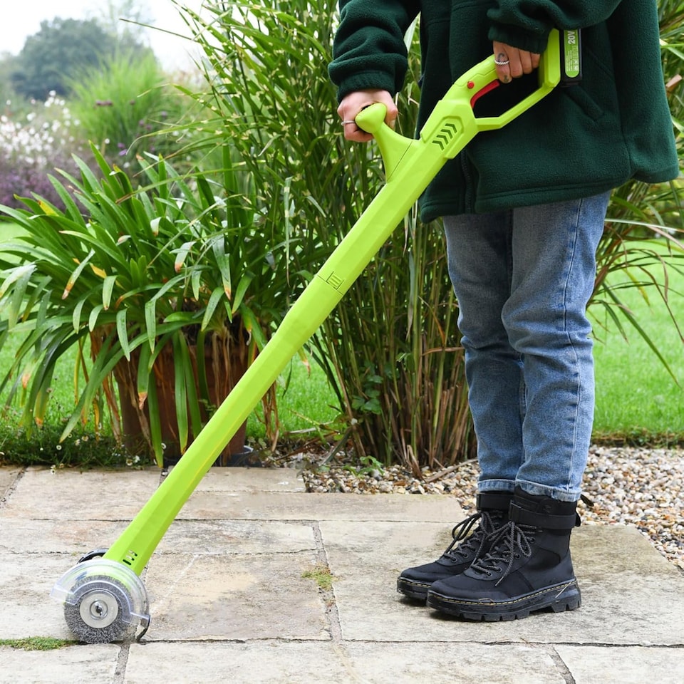 image 1 of 20v Cordless Weed Sweeper Clears Driveways, Paths, Patios and Pavings | Green